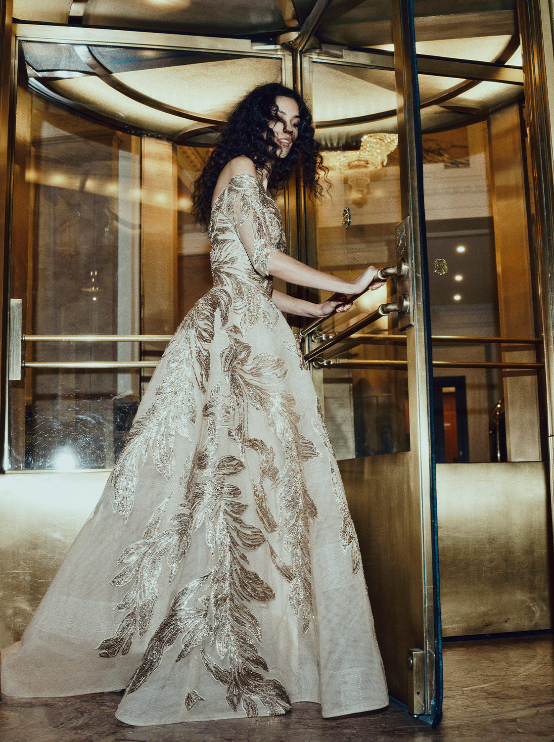 Monique Lhuillier Fall 2025 Gold feather embroidered tulle Off-the-shoulder short sleeve ball gown - lookbook.