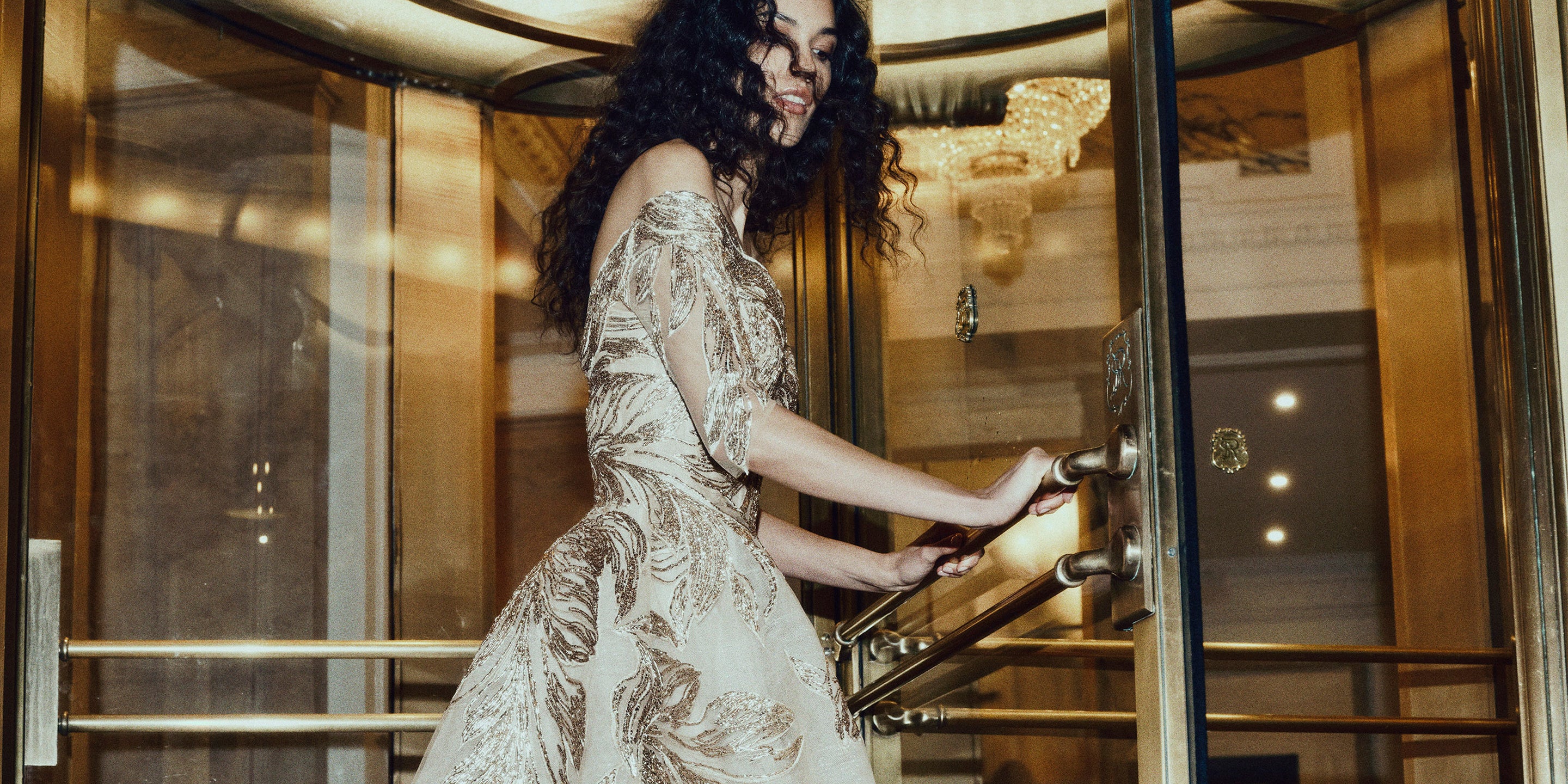 Monique Lhuillier Fall 2025 Gold feather embroidered tulle Off-the-shoulder short sleeve ball gown - lookbook.