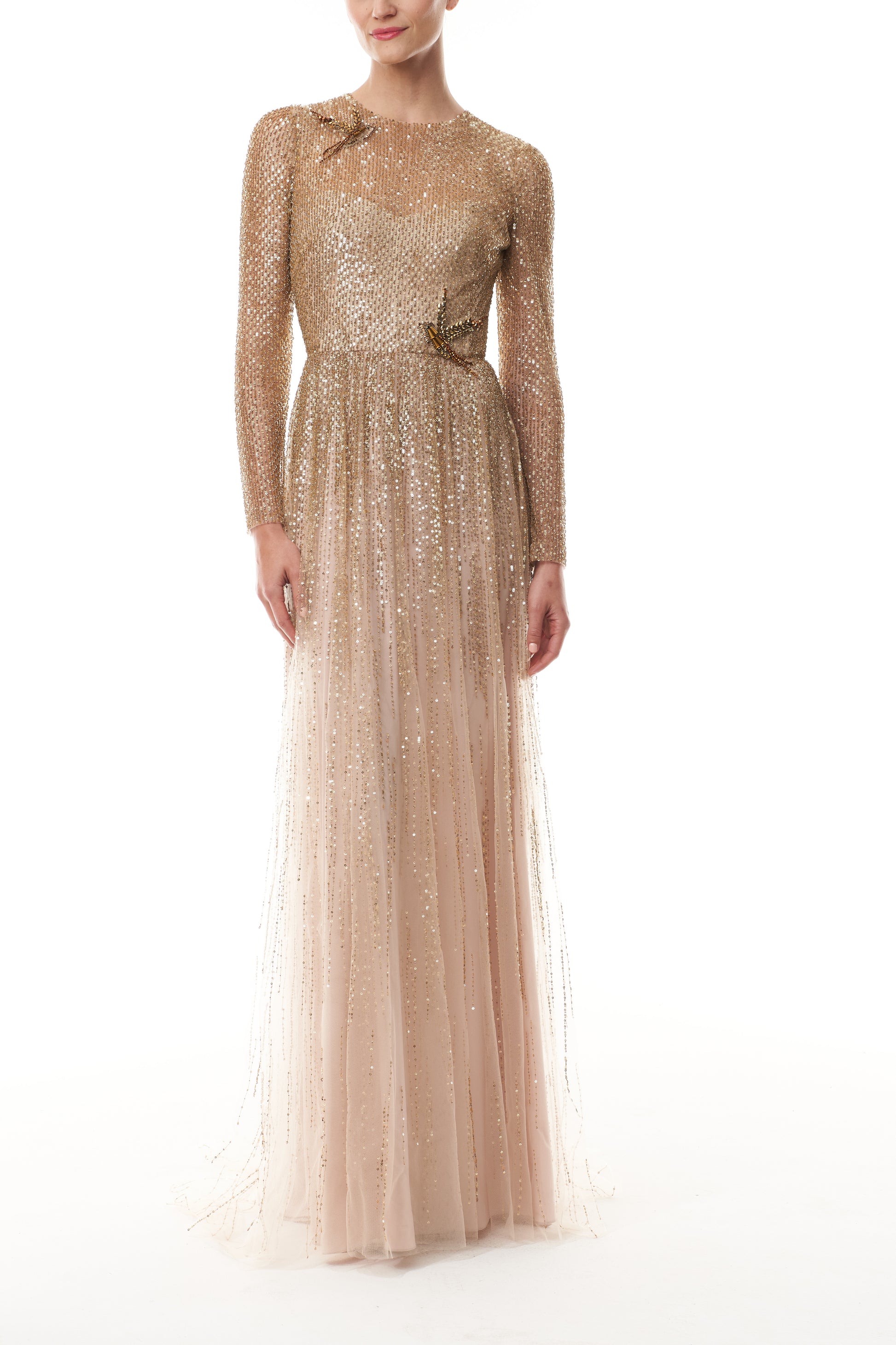 Monique Lhuillier Fall 2025 Gold embroidered tulle Long Sleeve Gown - front. 