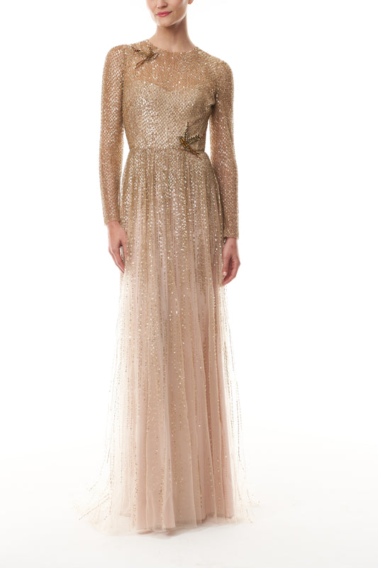 Monique Lhuillier Fall 2025 Gold embroidered tulle Long Sleeve Gown - front. 