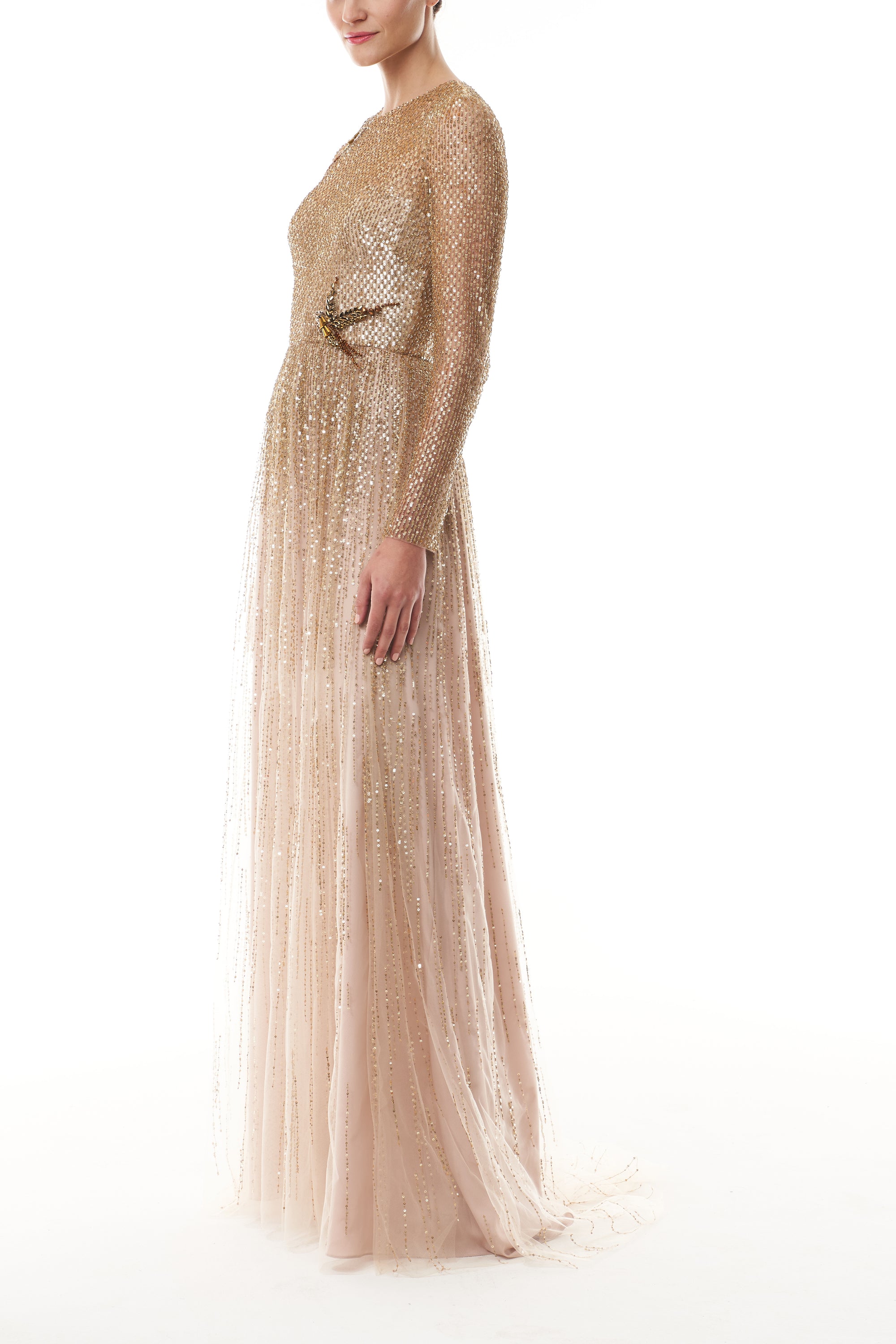 Monique Lhuillier Fall 2025 Gold embroidered tulle Long Sleeve Gown - side.