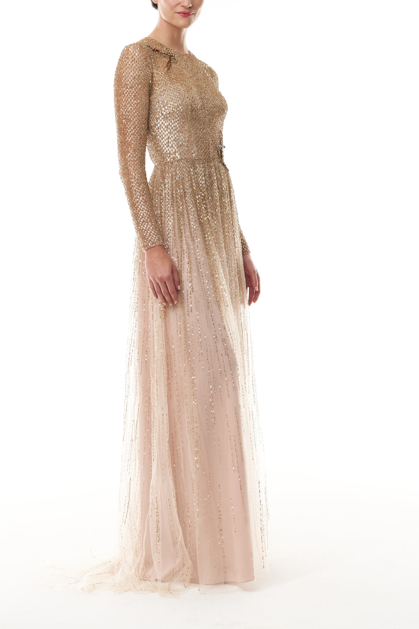Monique Lhuillier Fall 2025 Gold embroidered tulle Long Sleeve Gown - side.