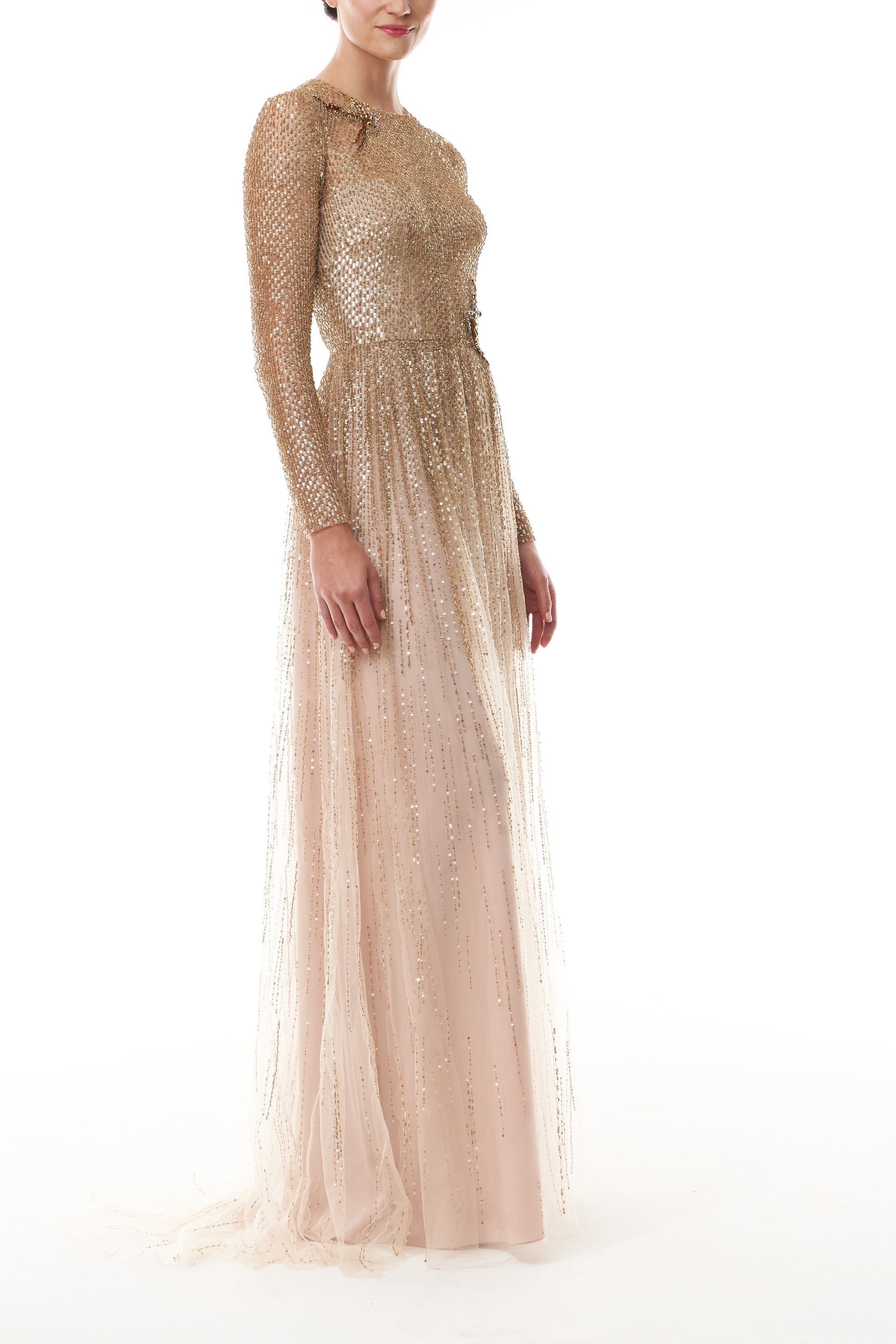 Monique Lhuillier Fall 2025 Gold embroidered tulle Long Sleeve Gown - side.