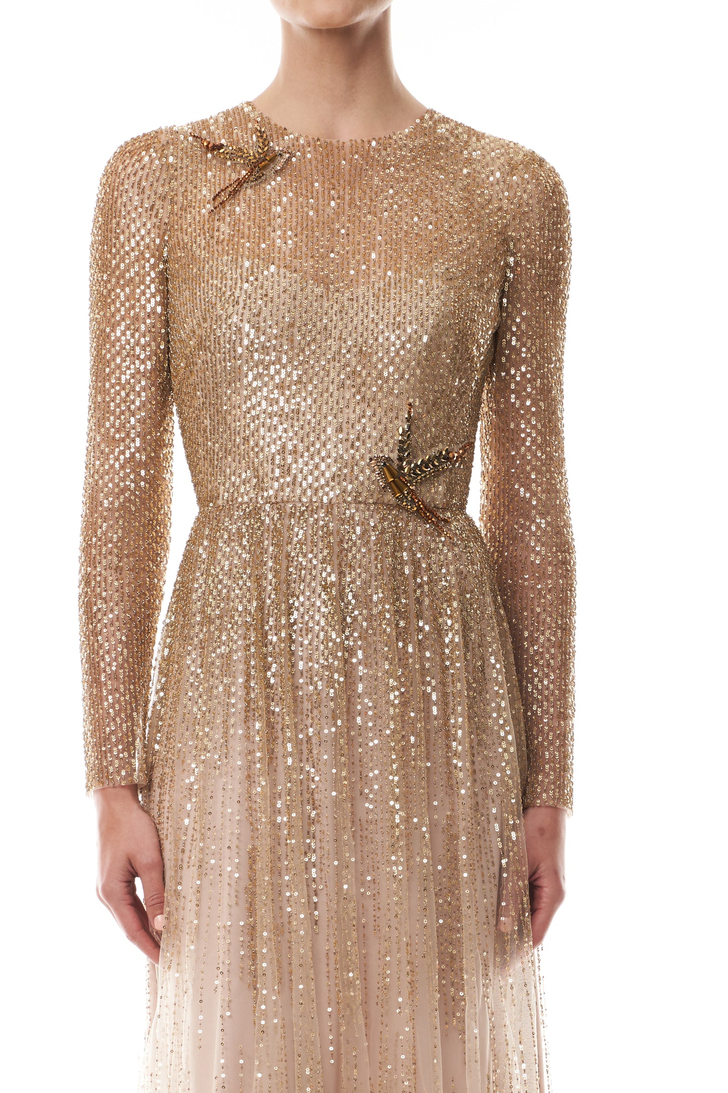 Monique Lhuillier Fall 2025 Gold embroidered tulle Long Sleeve Gown - fabric.