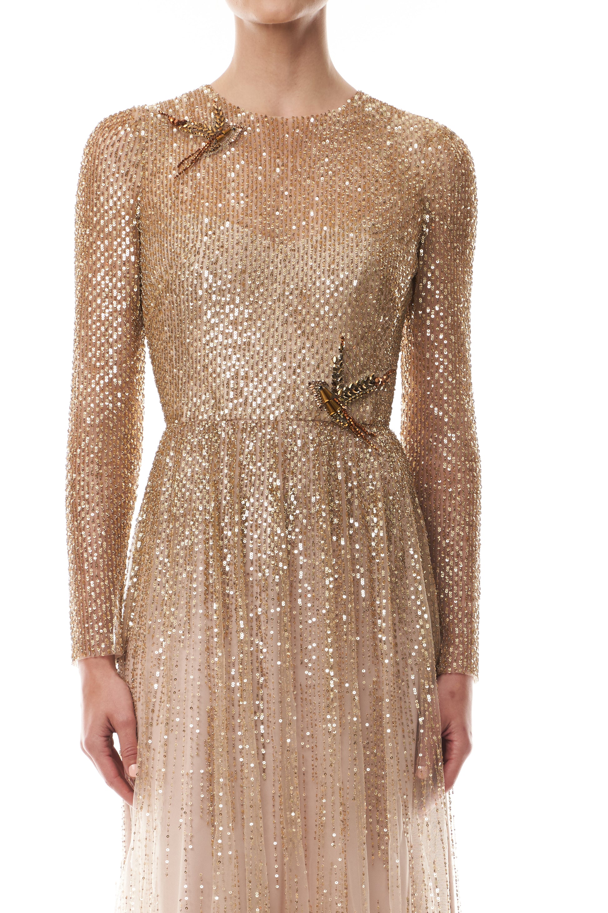 Monique Lhuillier Fall 2025 Gold embroidered tulle Long Sleeve Gown - fabric.
