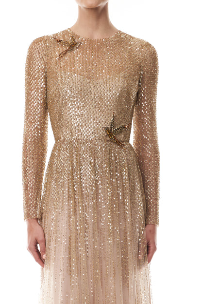 Monique Lhuillier Fall 2025 Gold embroidered tulle Long Sleeve Gown - fabric.