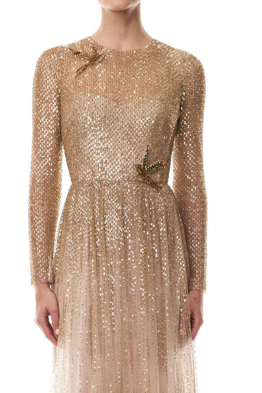Monique Lhuillier Fall 2025 Gold embroidered tulle Long Sleeve Gown - fabric.