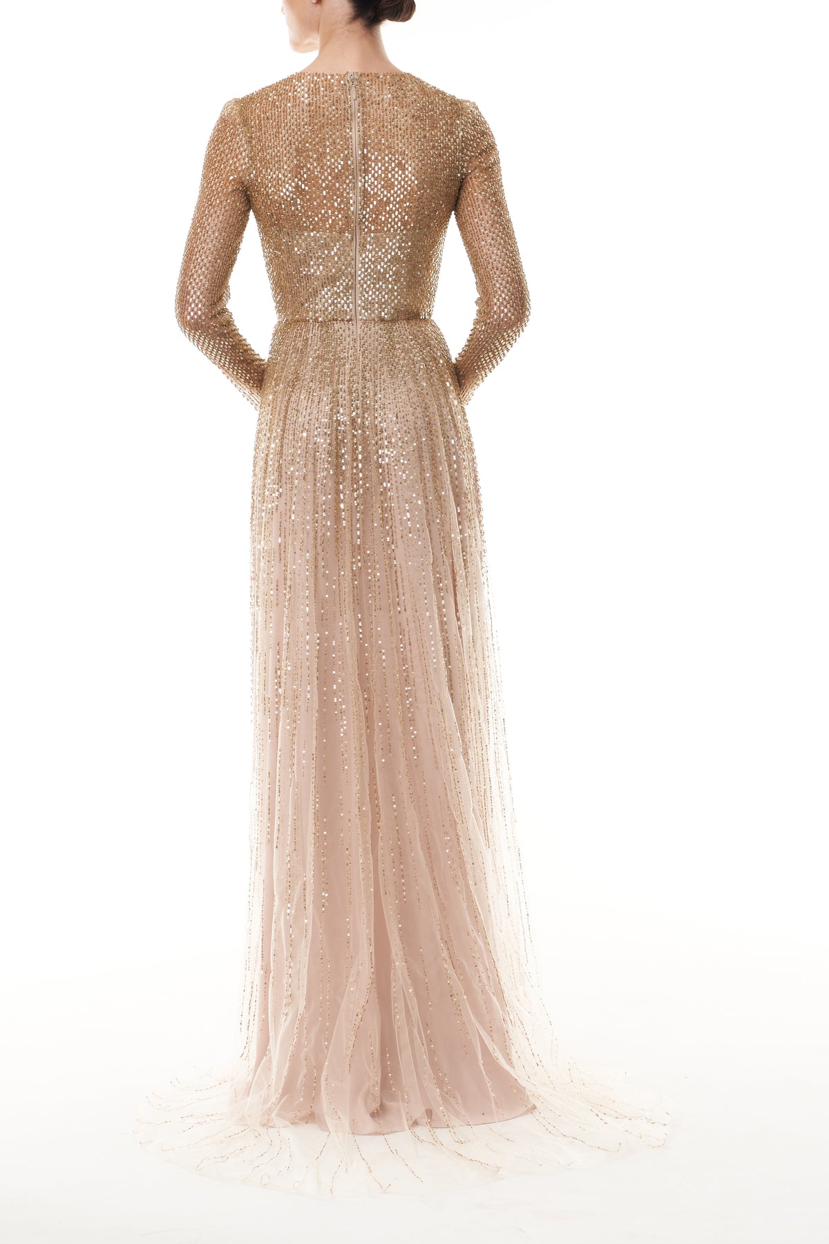 Monique Lhuillier Fall 2025 Gold embroidered tulle Long Sleeve Gown - back.
