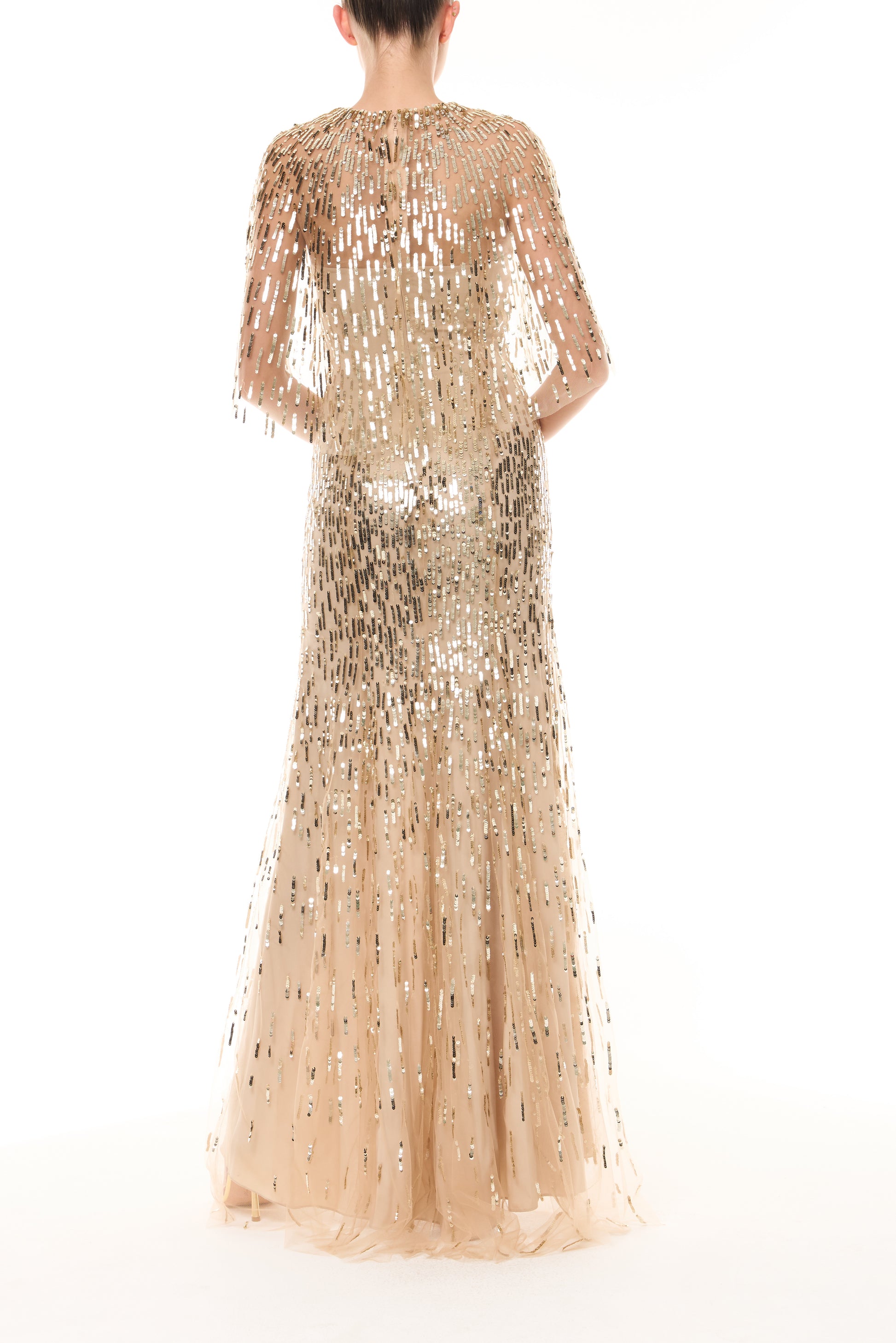 Monique Lhuillier Fall 2025 gold sequin embroidered tulle gown with integral capelet - back.