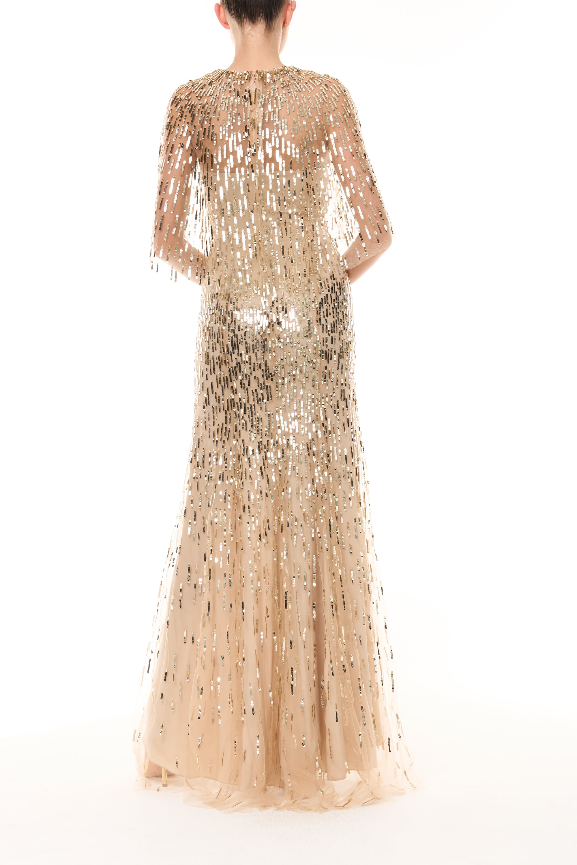 Monique Lhuillier Fall 2025 gold sequin embroidered tulle gown with integral capelet - back.