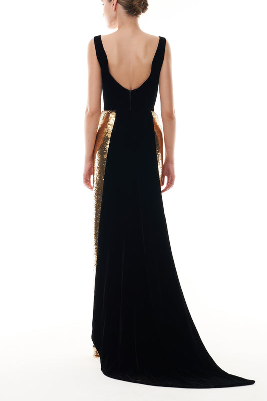 Monique Lhuillier Fall 2025 deep v-neck gown with train in noir velvet and gold sequins - back.