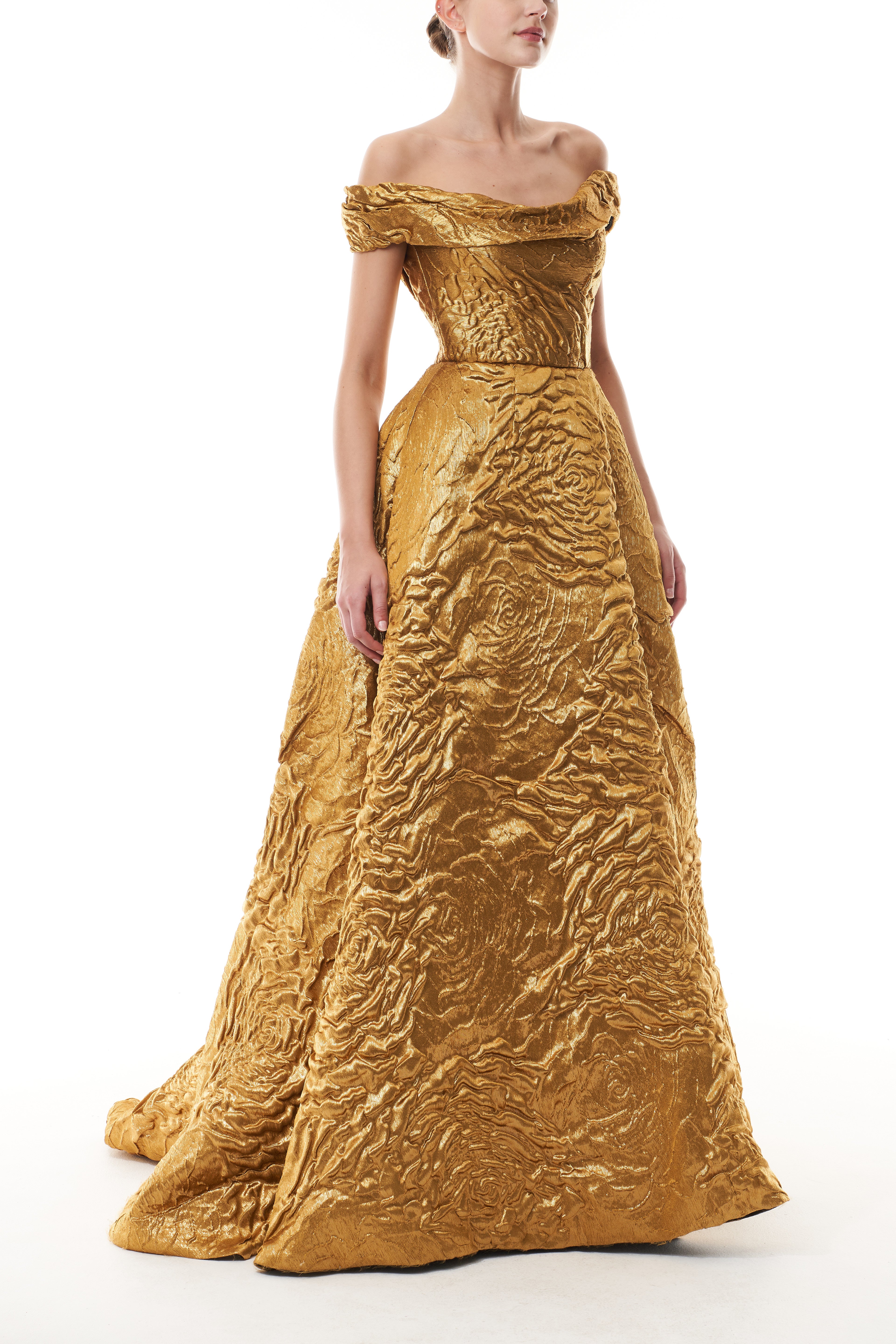 Off-The-Shoulder Gold Jacquard Ballgown – Monique Lhuillier