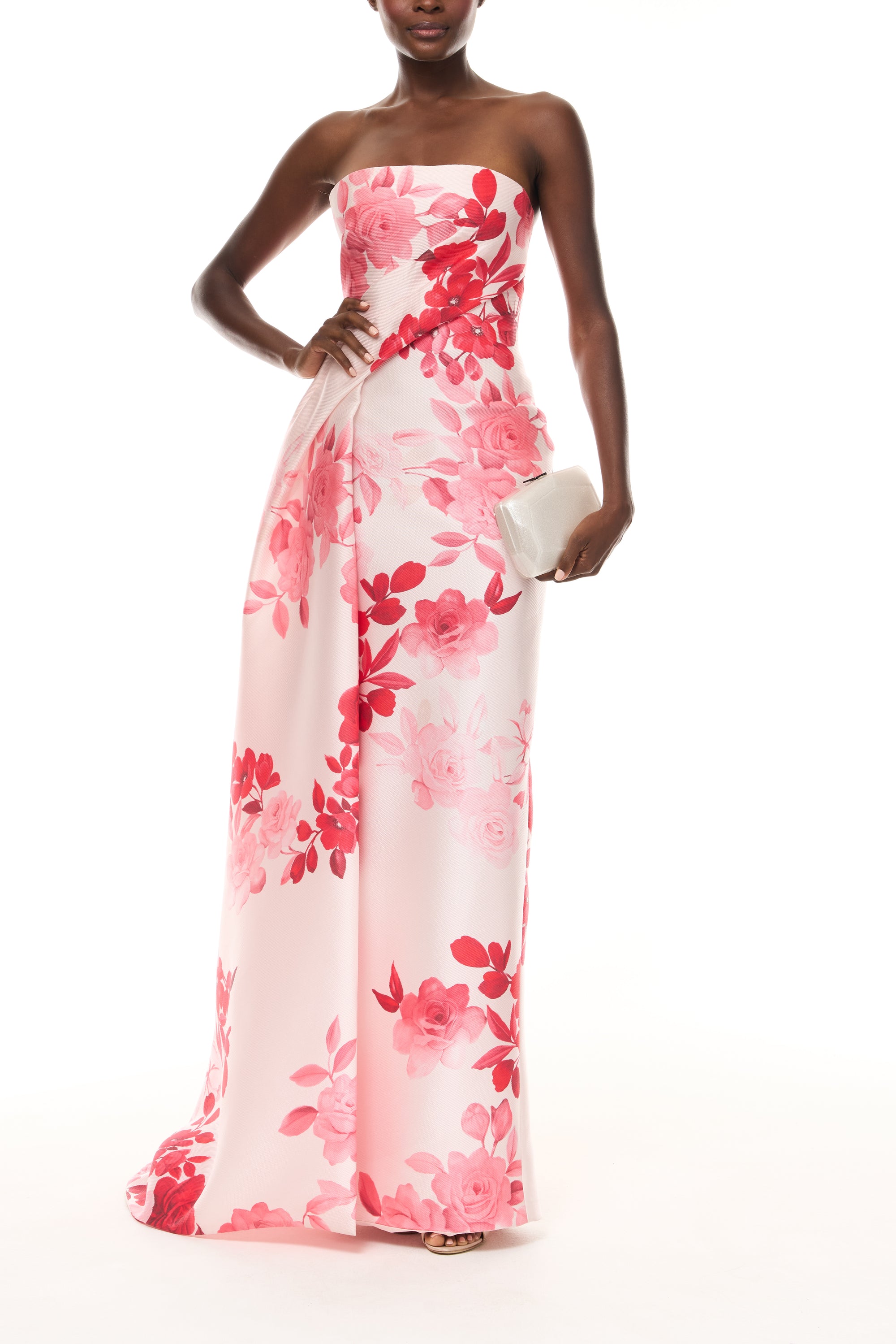 Monique Lhuillier Spring 2026 Rose Ombre Printed Pique Satin Pink/Multi Strapless draped column gown with train - front with Crystal Dust Dasha Minaudiere,