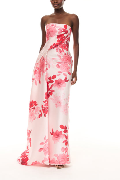 Monique Lhuillier Spring 2026 Rose Ombre Printed Pique Satin Pink/Multi Strapless draped column gown with train - front.