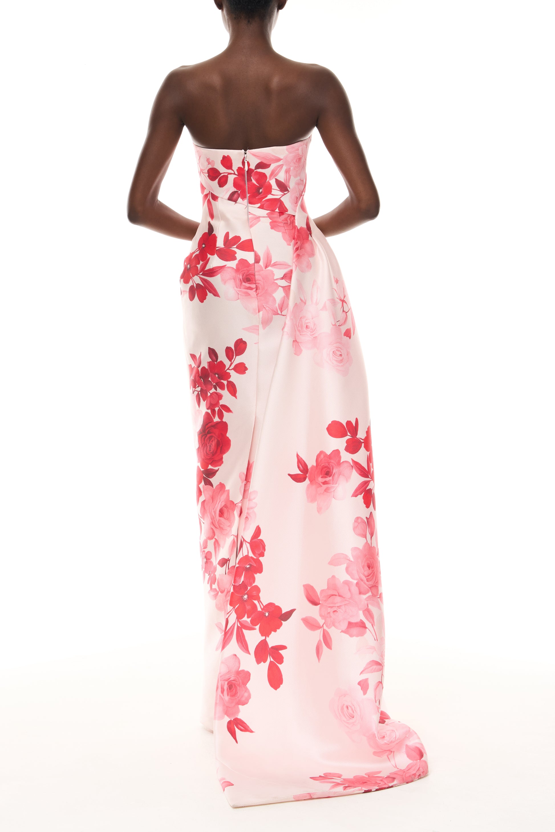 Monique Lhuillier Spring 2026 Rose Ombre Printed Pique Satin Pink/Multi Strapless draped column gown with train - back.