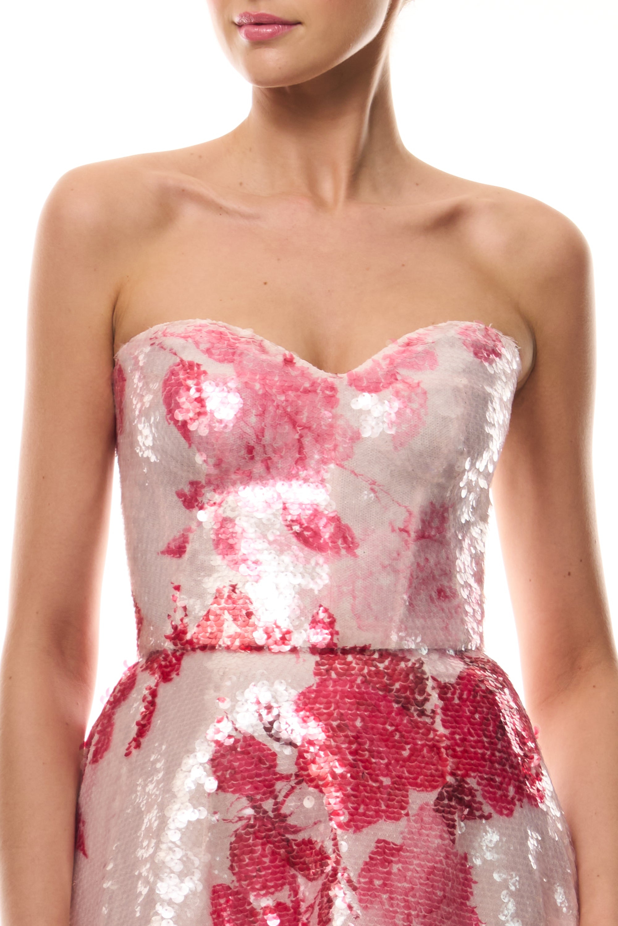 Monique Lhuillier Spring 2026 Rose Ombre Printed Sequin Pink/Multi Strapless sweetheart tea length cocktail dress - fabric.