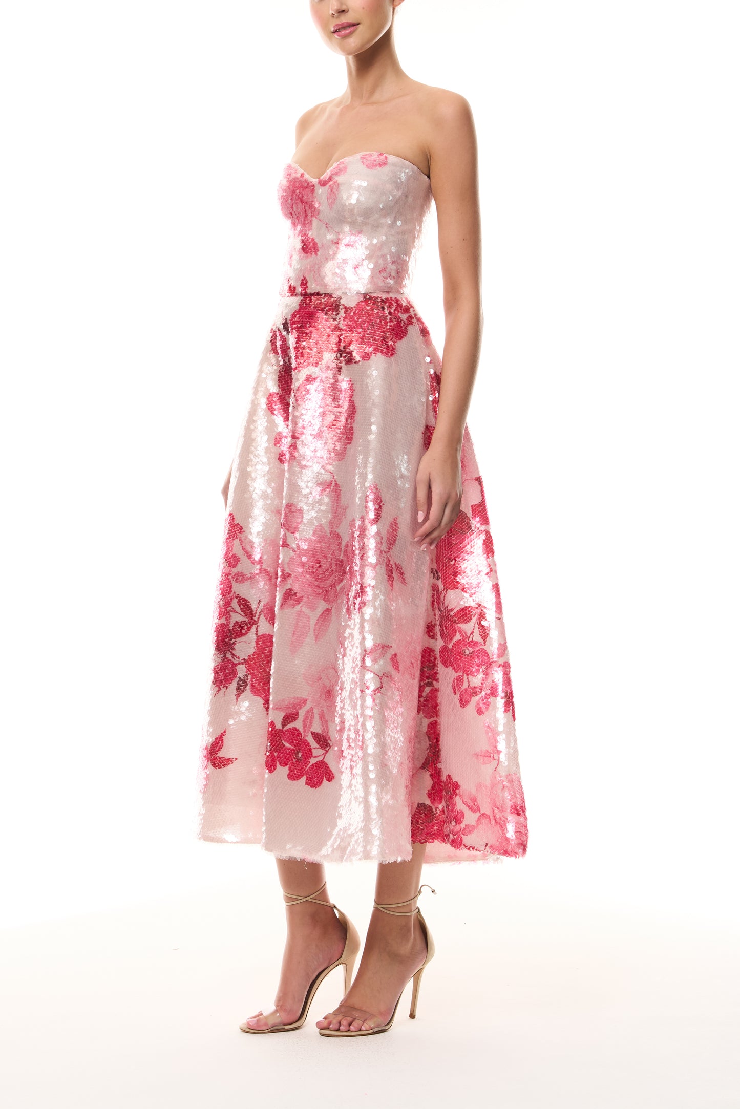 Monique Lhuillier Spring 2026 Rose Ombre Printed Sequin Pink/Multi Strapless sweetheart tea length cocktail dress - side.