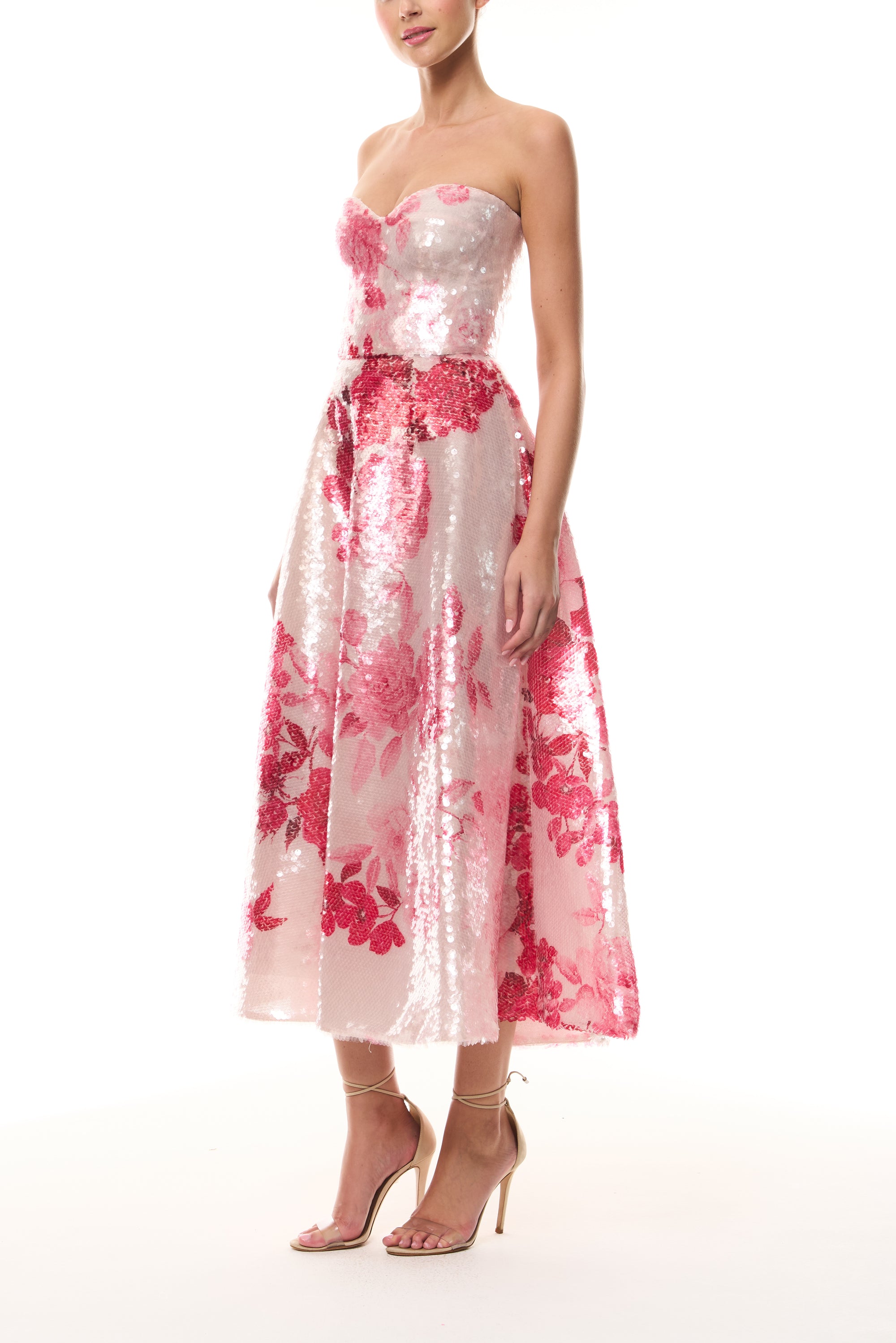 Monique Lhuillier Spring 2026 Rose Ombre Printed Sequin Pink/Multi Strapless sweetheart tea length cocktail dress - side.