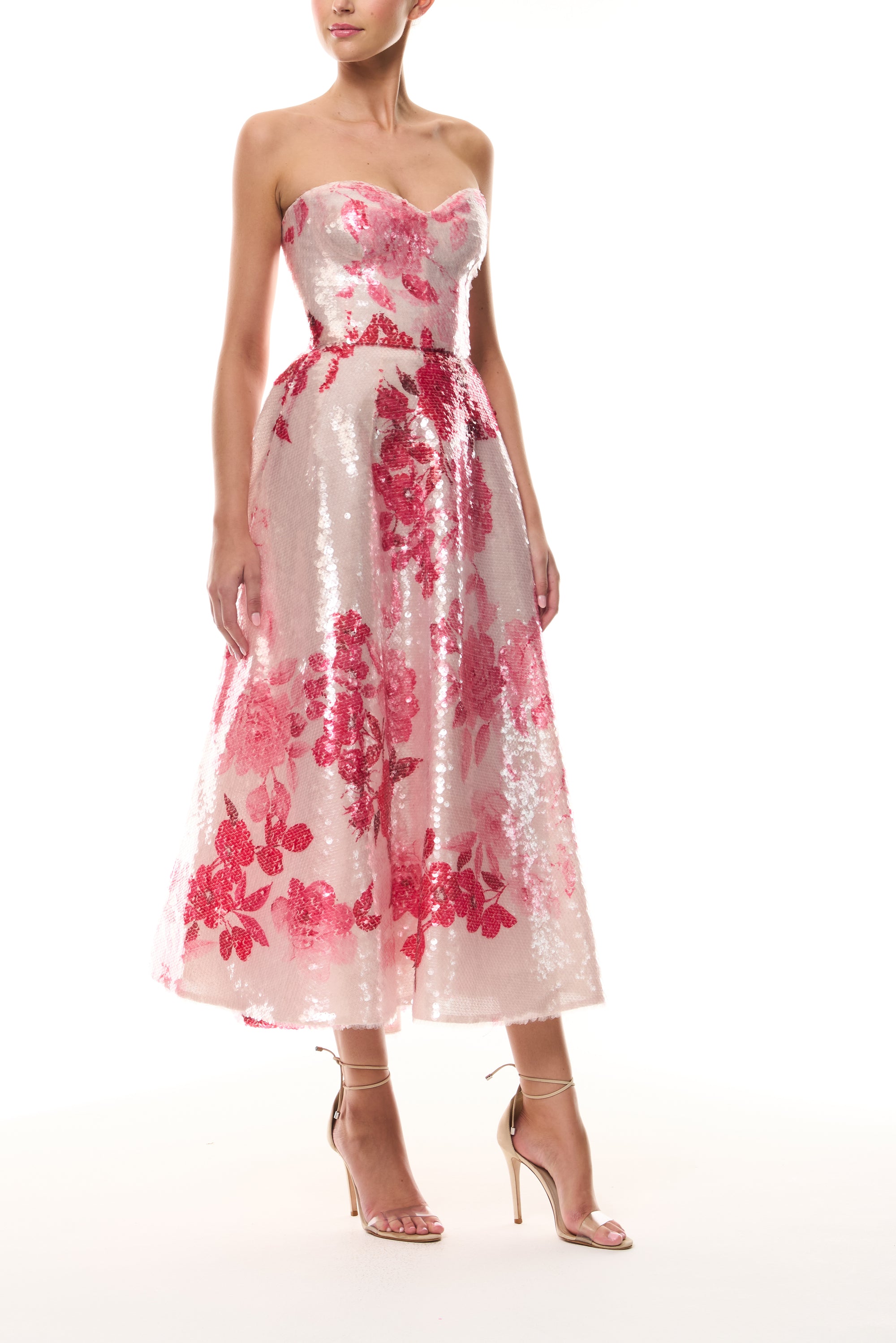 Monique Lhuillier Spring 2026 Rose Ombre Printed Sequin Pink/Multi Strapless sweetheart tea length cocktail dress - side.