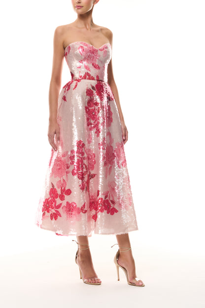 Monique Lhuillier Spring 2026 Rose Ombre Printed Sequin Pink/Multi Strapless sweetheart tea length cocktail dress - side.