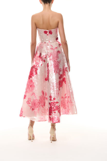 Monique Lhuillier Spring 2026 Rose Ombre Printed Sequin Pink/Multi Strapless sweetheart tea length cocktail dress - back.