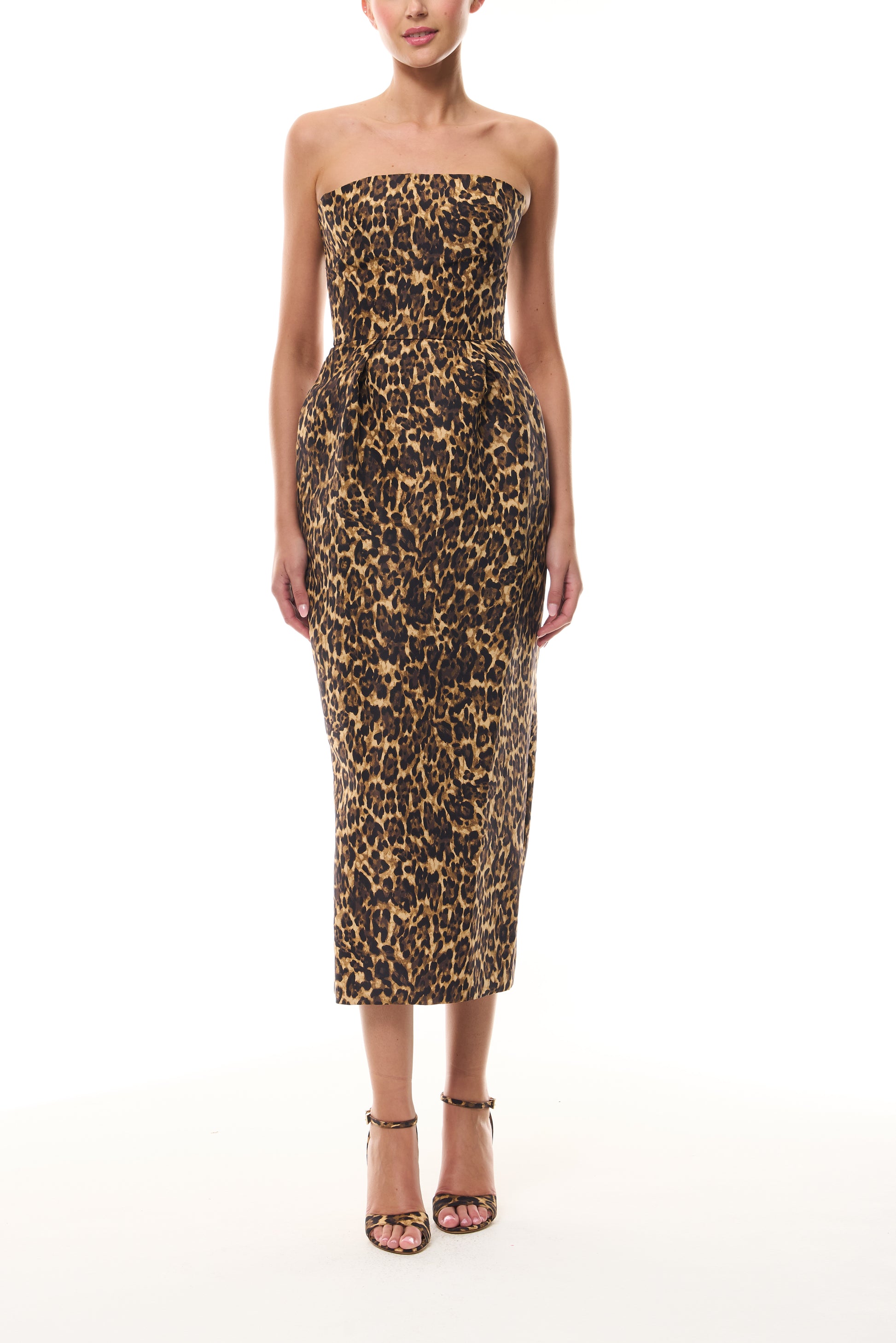 Monique Lhuillier Spring 2026 strapless tea length cocktail dress in Leopard Printed Faille - front. 