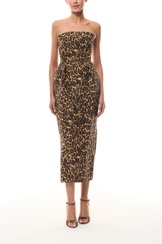 Monique Lhuillier Spring 2026 strapless tea length cocktail dress in Leopard Printed Faille - front. 