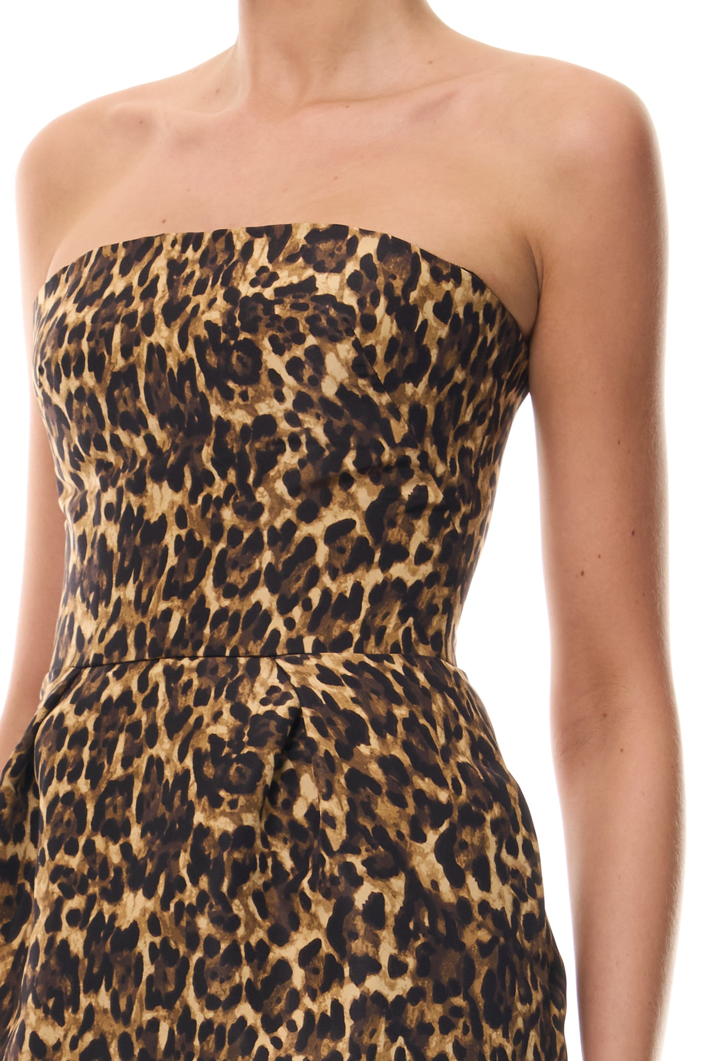 Monique Lhuillier Spring 2026 strapless tea length cocktail dress in Leopard Printed Faille - fabric.