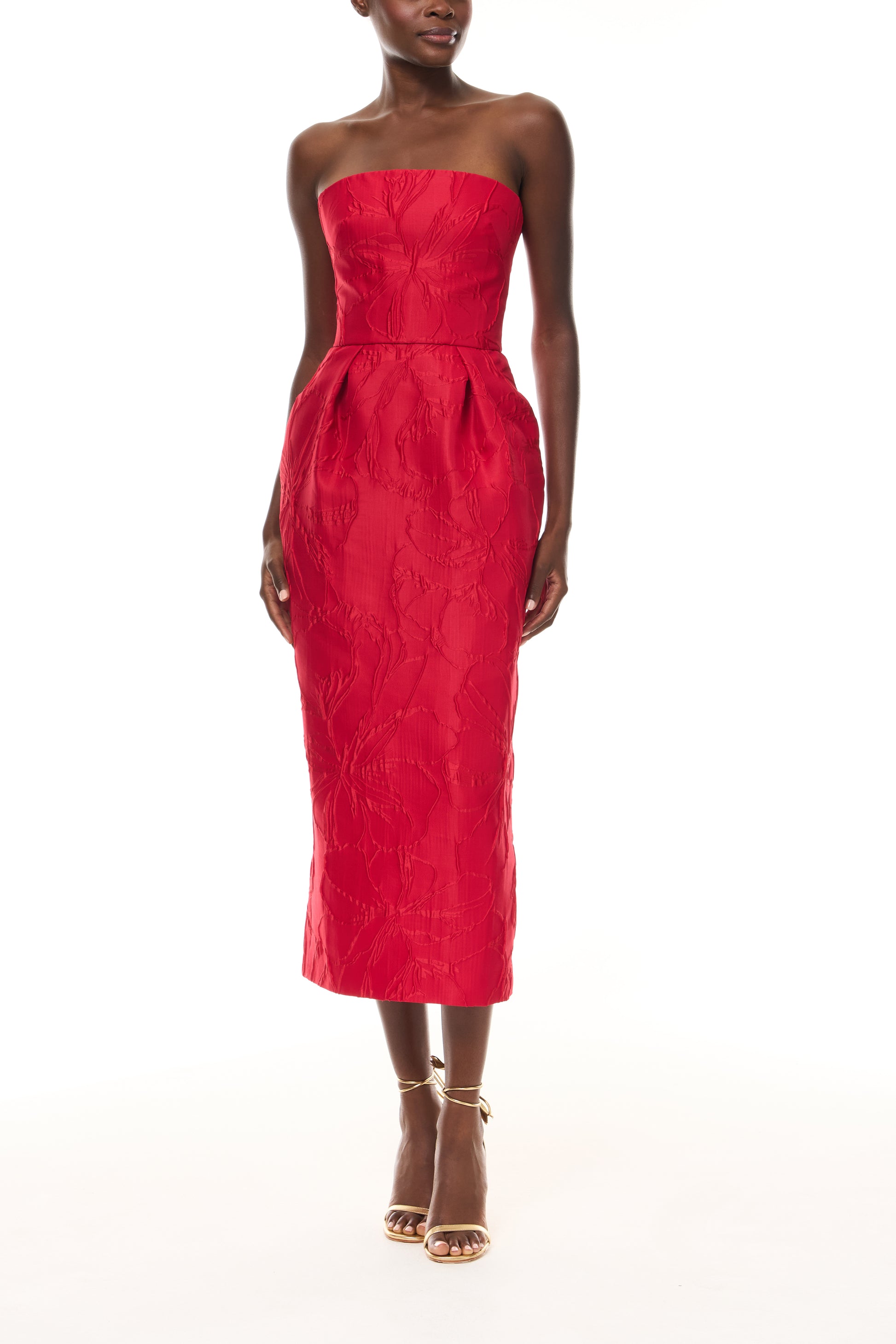 Monique Lhuillier Spring 2026 Poppy Linear Rose Jacquard Strapless Cocktail Dress - front.
