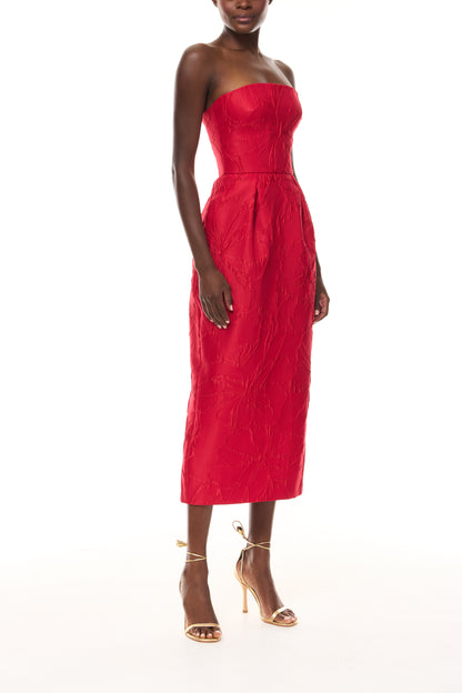 Monique Lhuillier Spring 2026 Poppy Linear Rose Jacquard Strapless Cocktail Dress - side.