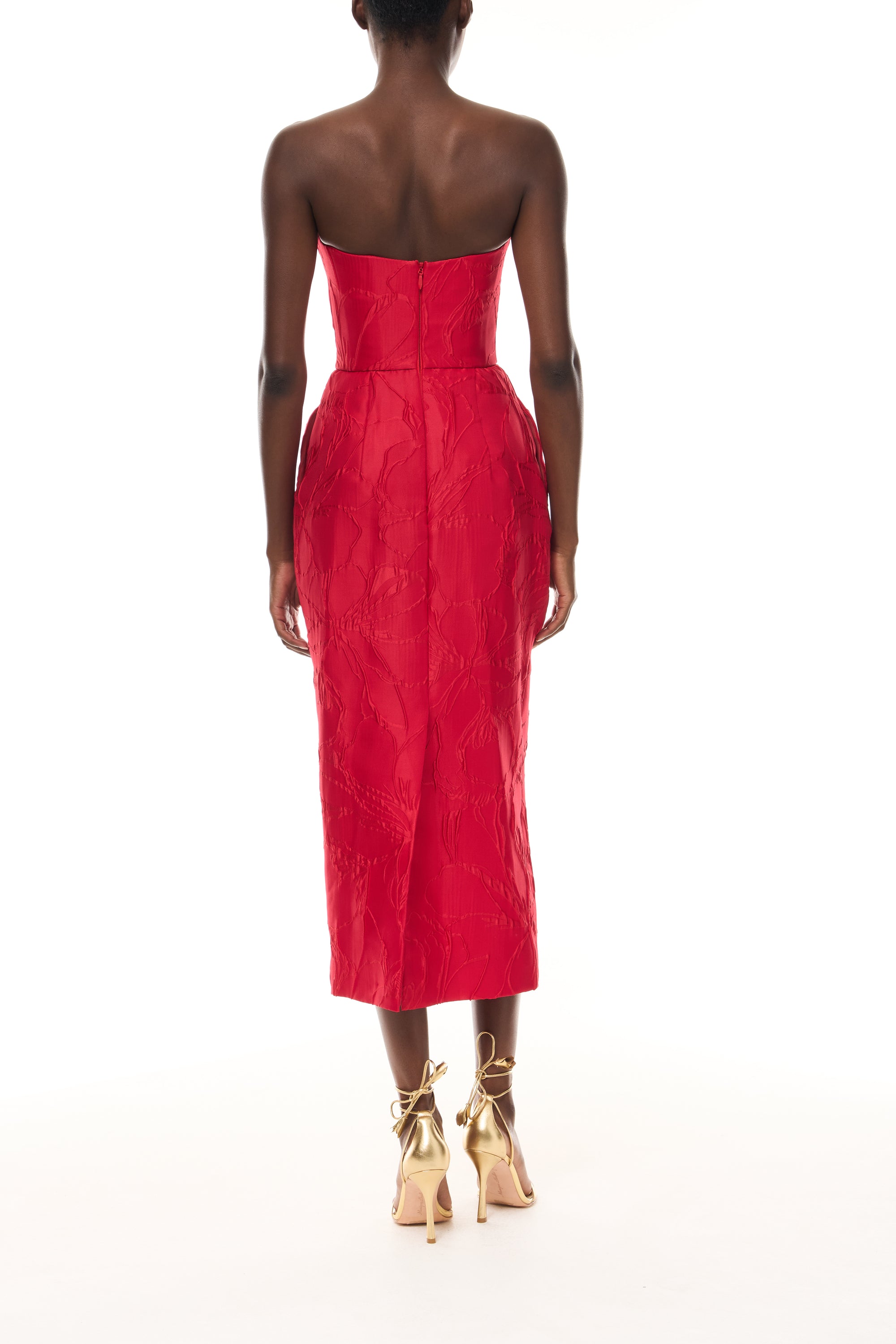 Monique Lhuillier Spring 2026 Poppy Linear Rose Jacquard Strapless Cocktail Dress - back.