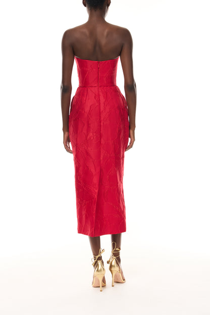 Monique Lhuillier Spring 2026 Poppy Linear Rose Jacquard Strapless Cocktail Dress - back.