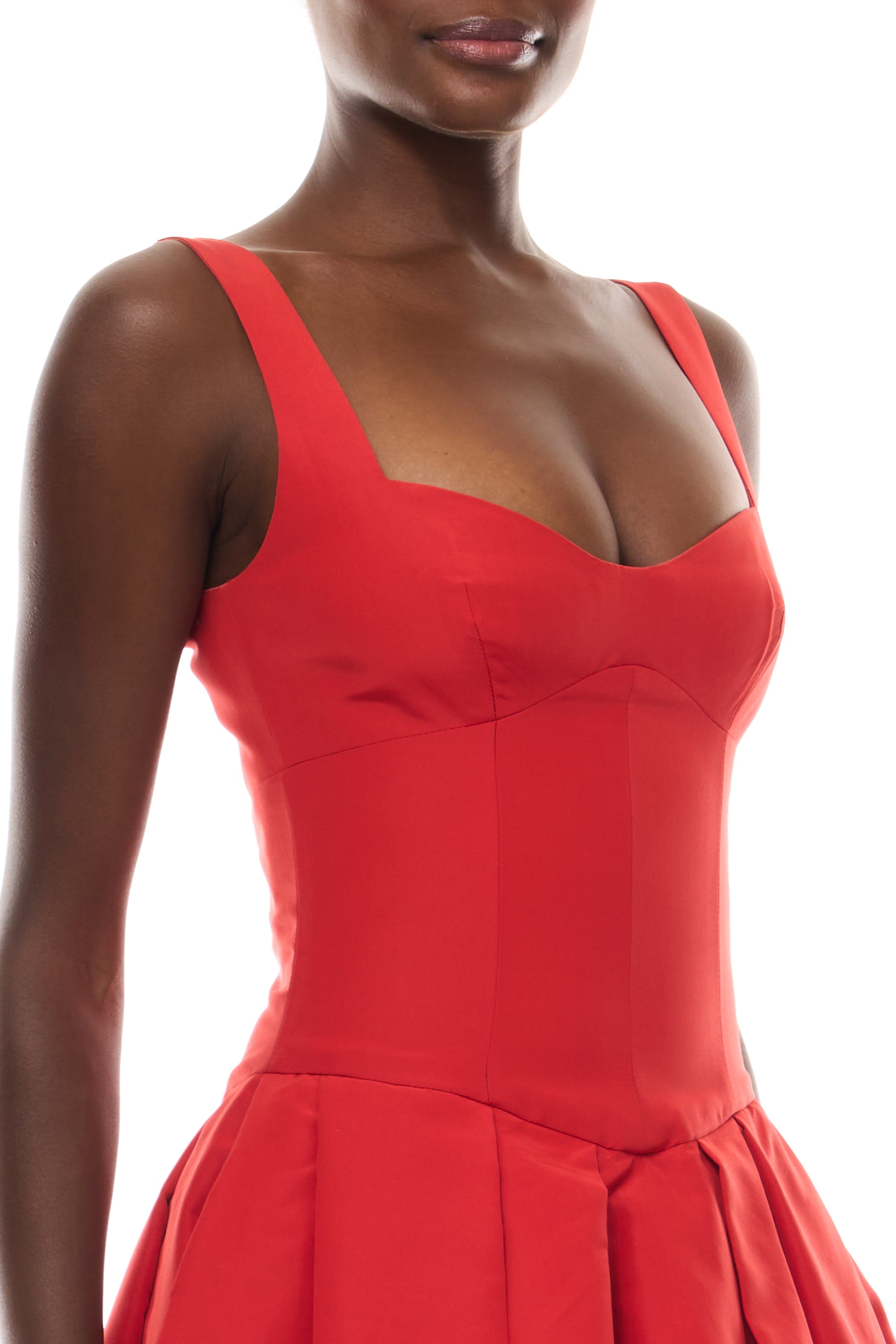 Monique Lhuillier Spring 2026 Basque waist sleeveless ballgown in Poppy Faille -  fabric.