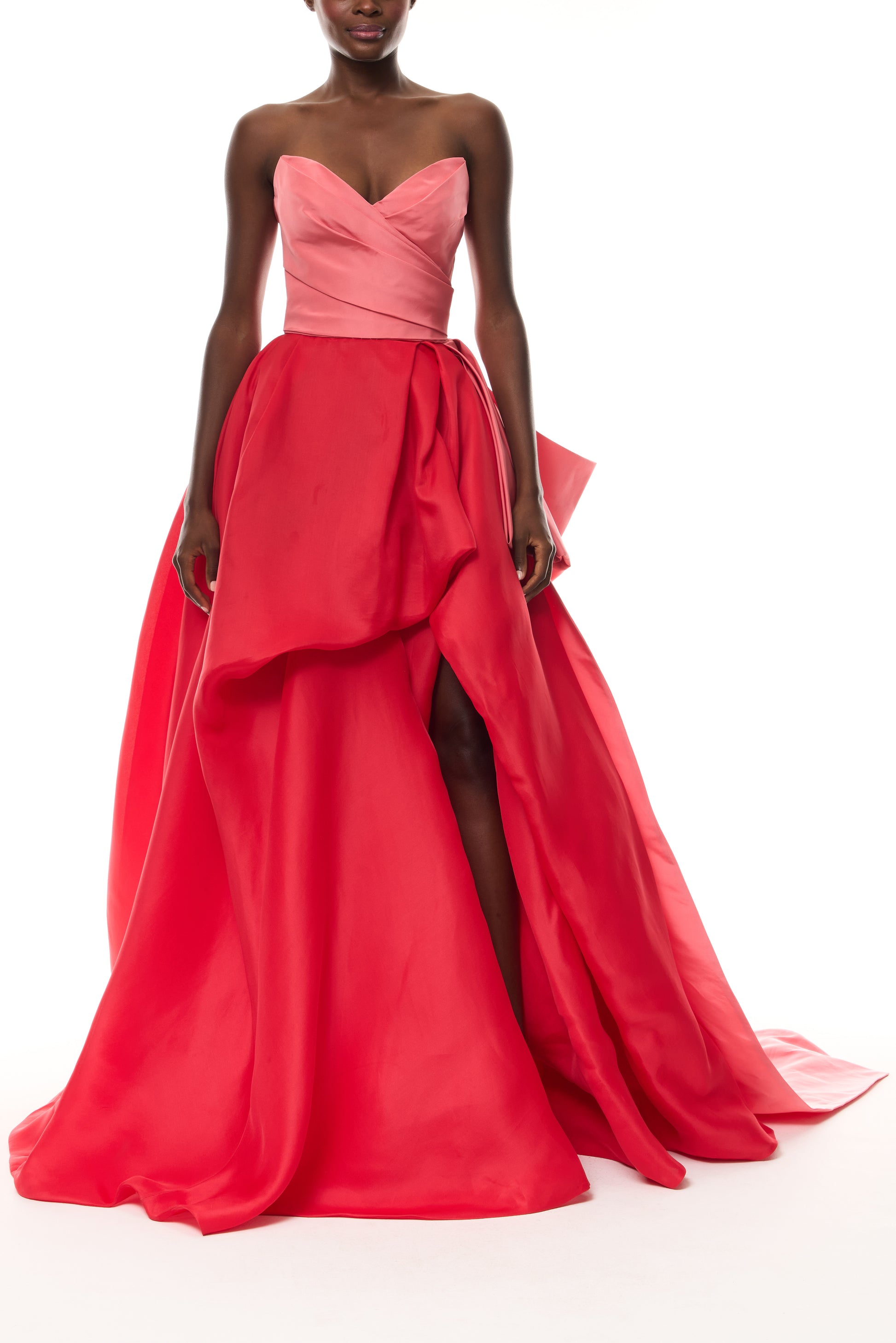 Monique Lhuillier Spring 2026  Plumeria/Poppy Faille/Gazar Strapless draped bodice gown with tufted skirt - front. 