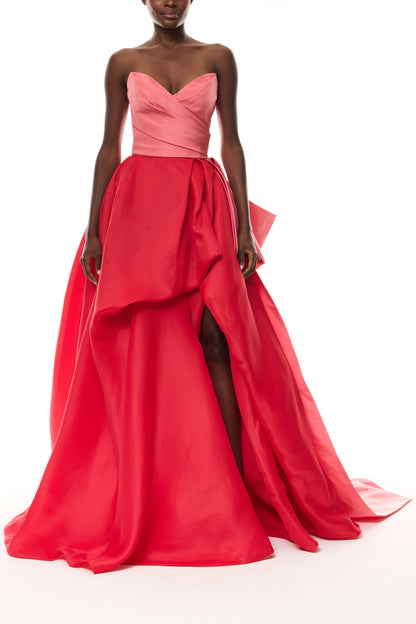 Monique Lhuillier Spring 2026  Plumeria/Poppy Faille/Gazar Strapless draped bodice gown with tufted skirt - front. 