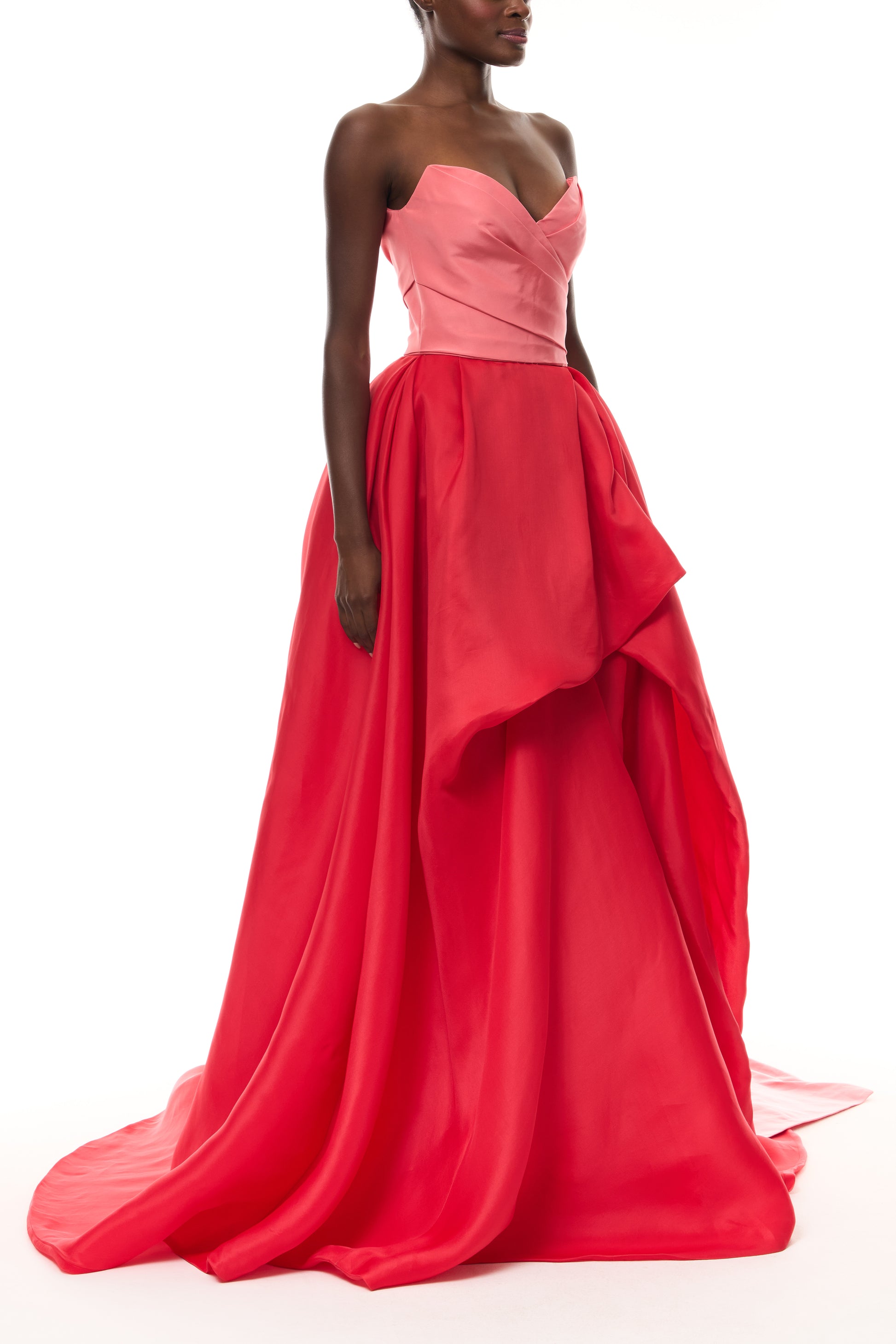 Monique Lhuillier Spring 2026  Plumeria/Poppy Faille/Gazar Strapless draped bodice gown with tufted skirt - side.