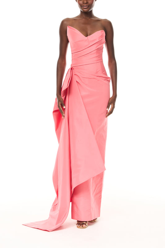 Monique Lhuillier Spring 2026 Plumeria Faille Asymmetric draped column gown - front.