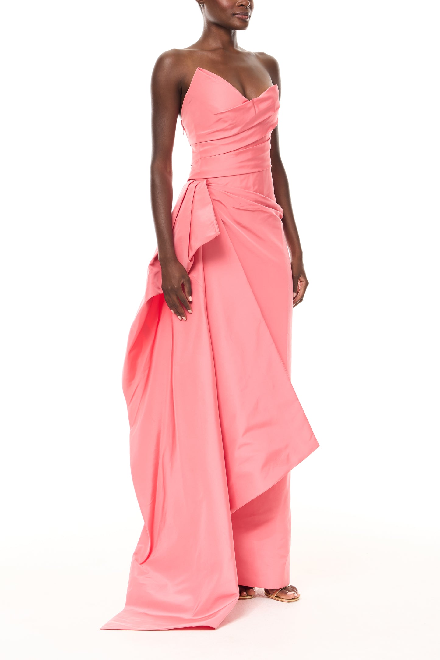 Monique Lhuillier Spring 2026 Plumeria Faille Asymmetric draped column gown - side.