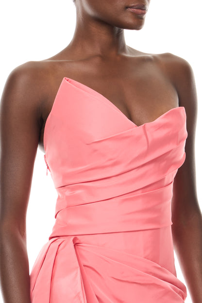 Monique Lhuillier Spring 2026 Plumeria Faille Asymmetric draped column gown - fabric.