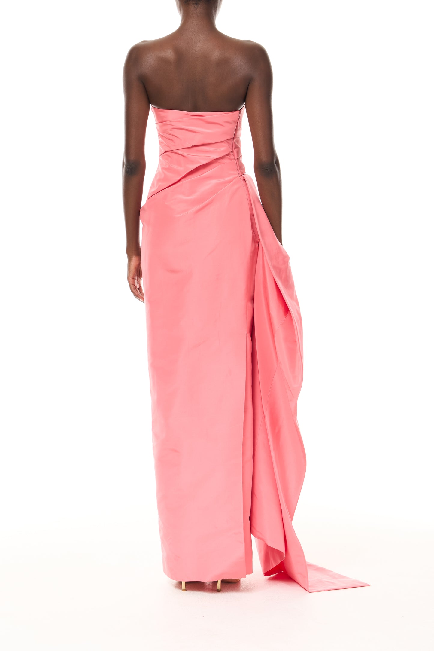 Monique Lhuillier Spring 2026 Plumeria Faille Asymmetric draped column gown - back.