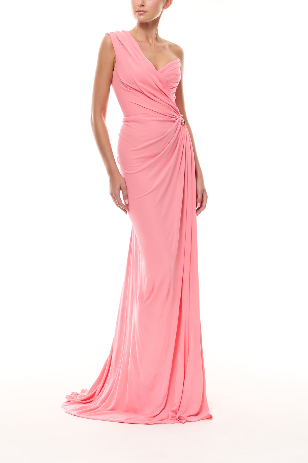 Monique Lhuillier Spring 2026 Plumeria Asymmetric draped one-shoulder gown
with gold ball piercing in lightweight crepe jersey- side.