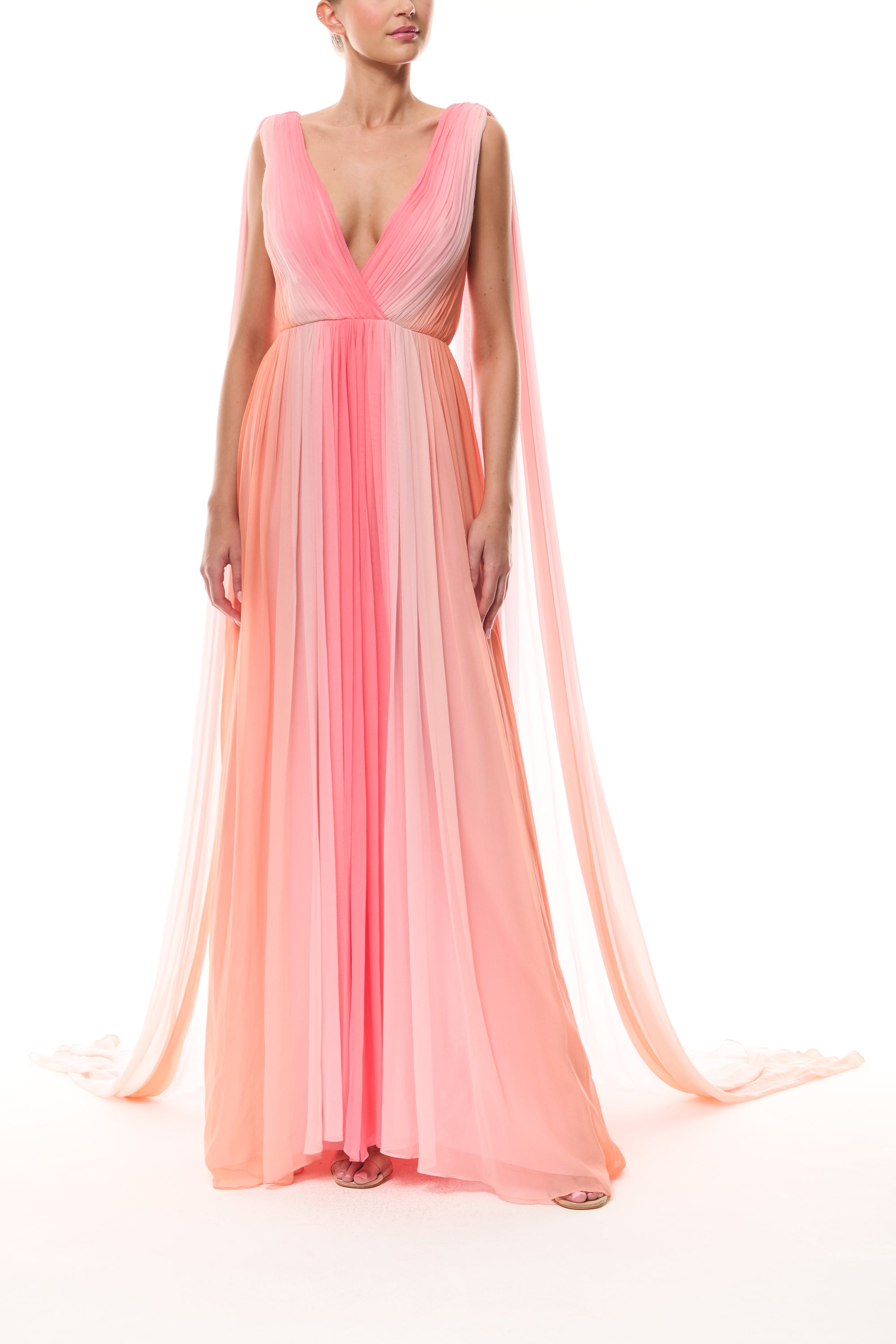 Monique Lhuillier Spring 2026 Plumeria ombre chiffon pleated v-neck gown with streamers - front.