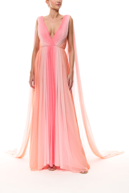 Monique Lhuillier Spring 2026 Plumeria ombre chiffon pleated v-neck gown with streamers - front.