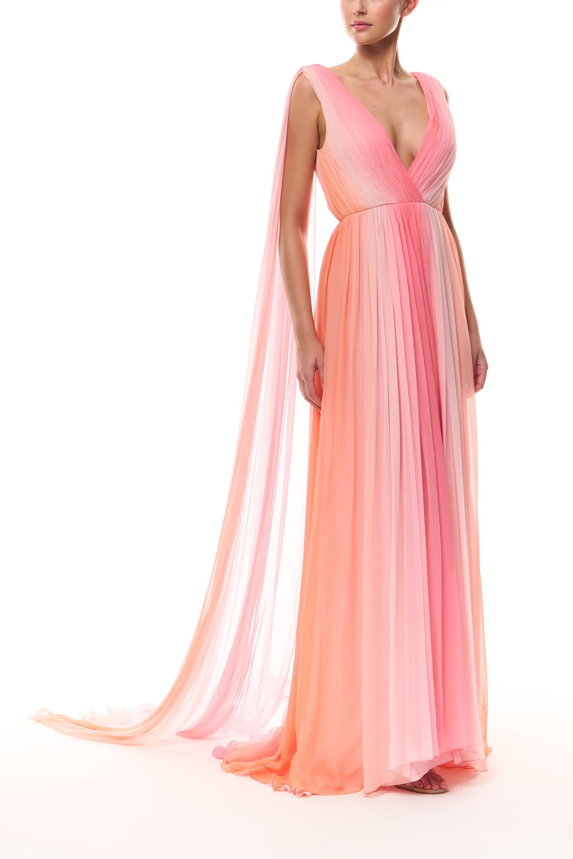 Monique Lhuillier Spring 2026 Plumeria ombre chiffon pleated v-neck gown with streamers - side.