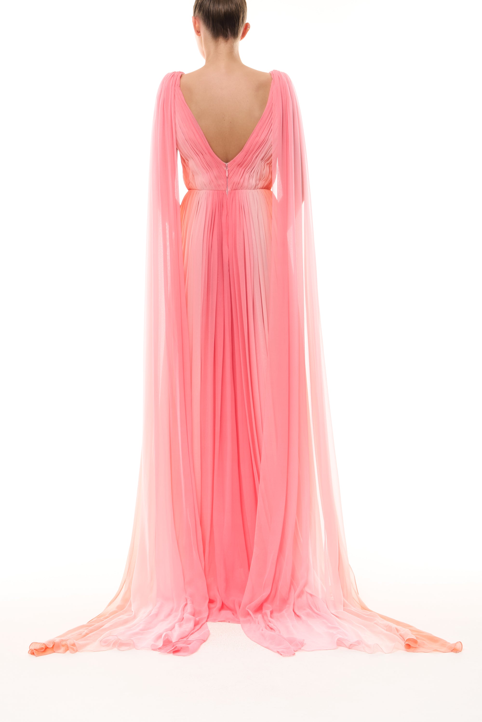 Monique Lhuillier Spring 2026 Plumeria ombre chiffon pleated v-neck gown with streamers - back.