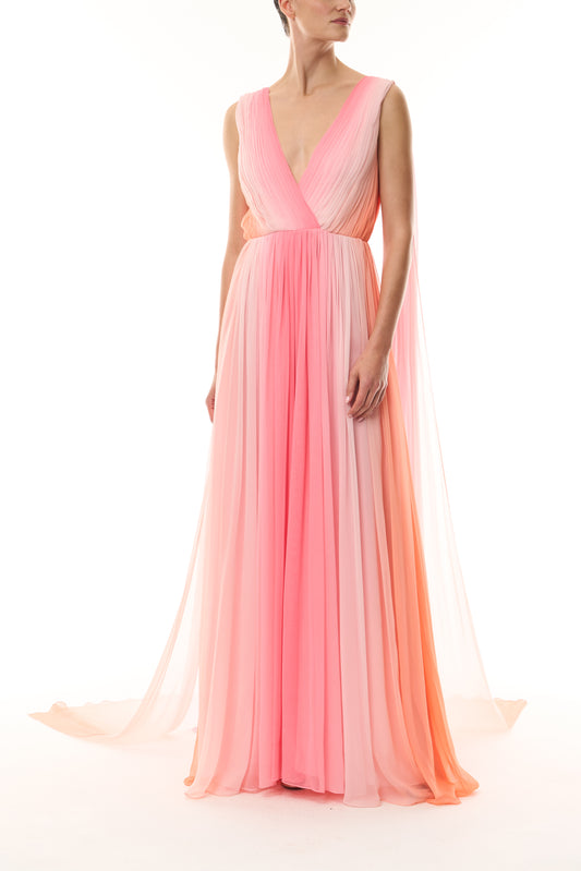 Monique Lhuillier Spring 2026 Plumeria ombre chiffon pleated v-neck gown with streamers - front.
