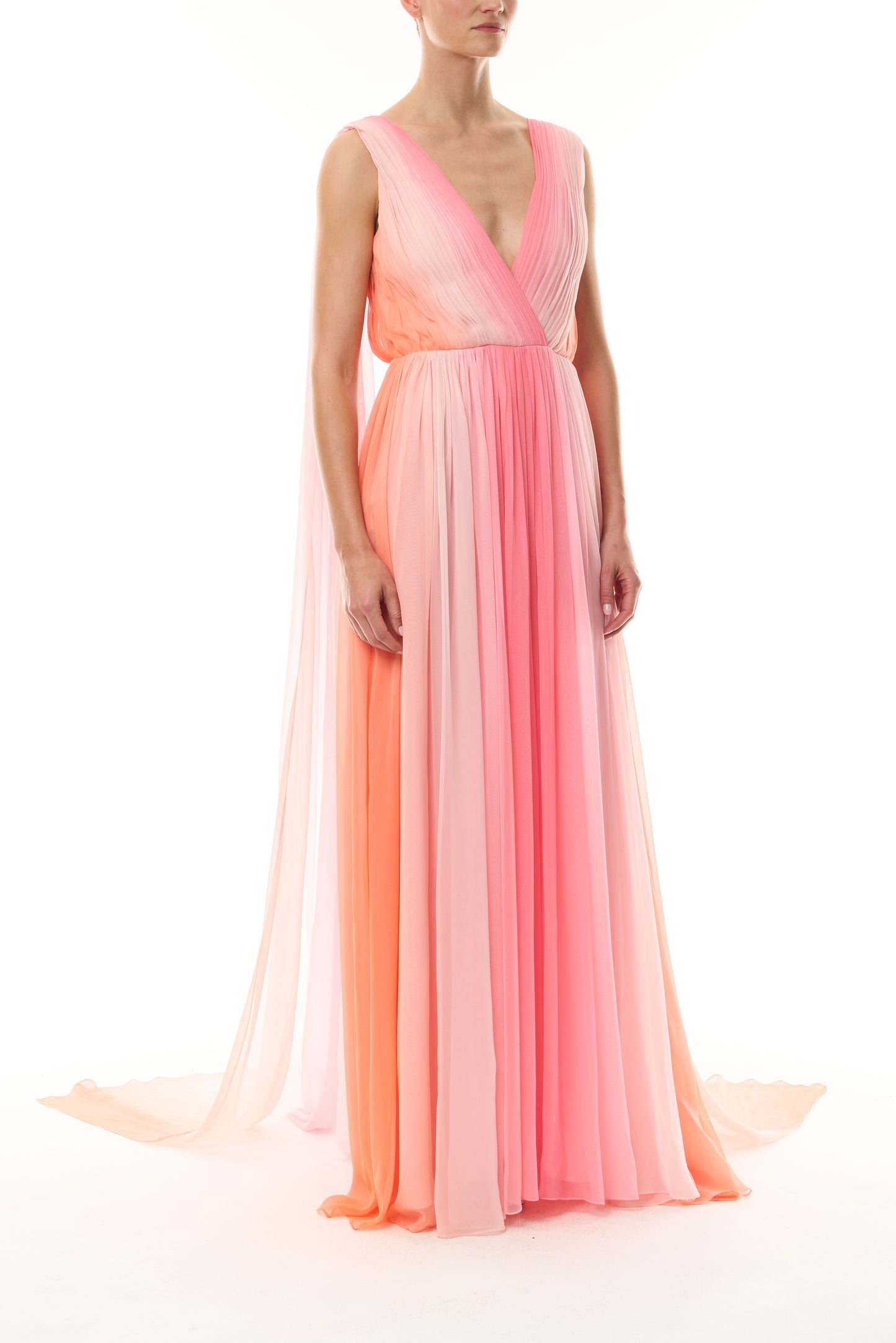 Monique Lhuillier Spring 2026 Plumeria ombre chiffon pleated v-neck gown with streamers - side.