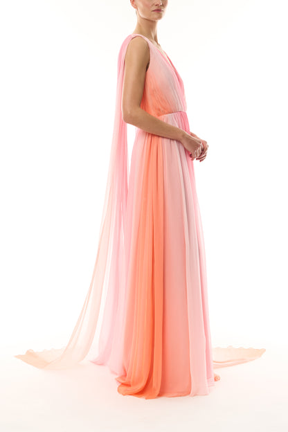 Monique Lhuillier Spring 2026 Plumeria ombre chiffon pleated v-neck gown with streamers - side.