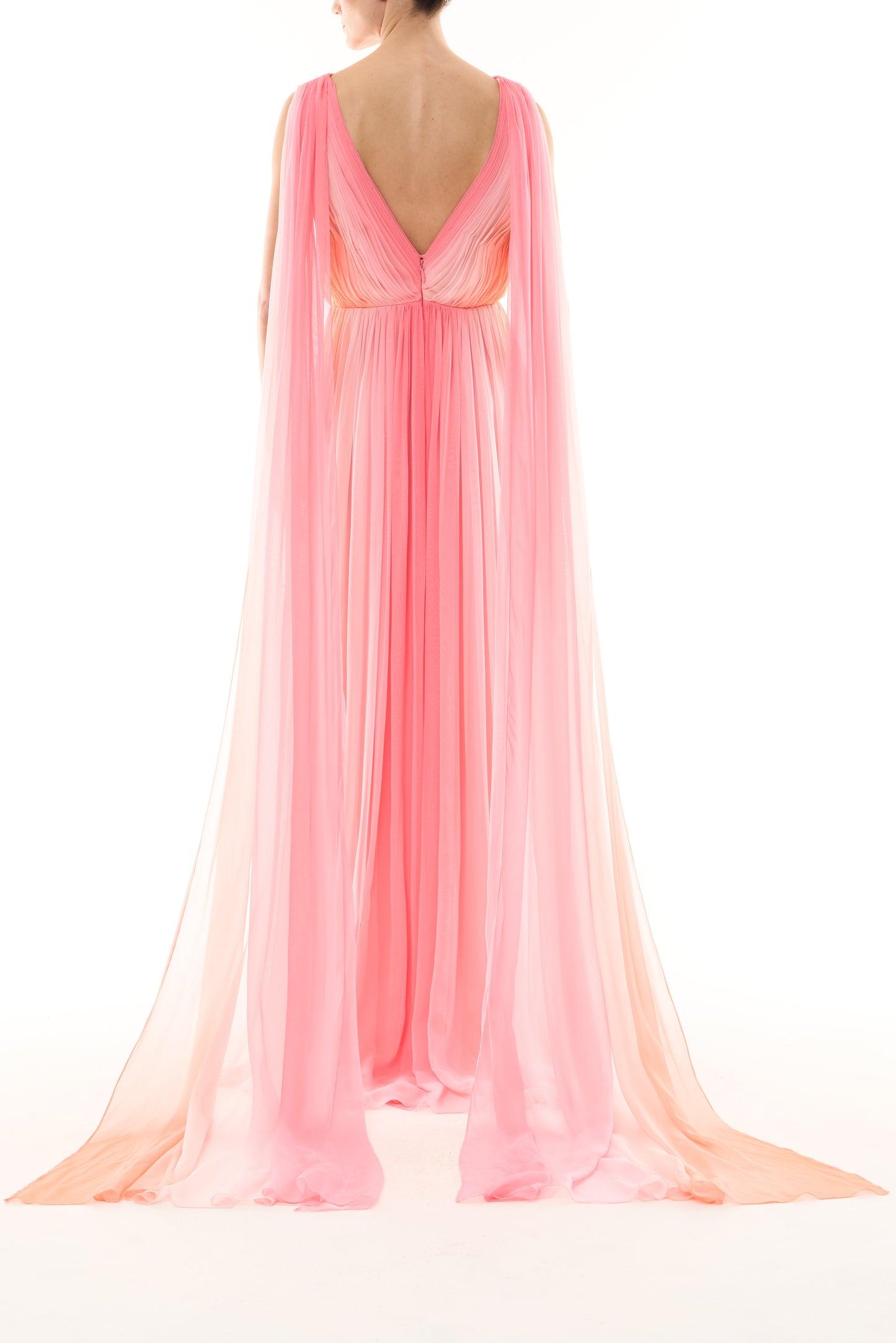 Monique Lhuillier Spring 2026 Plumeria ombre chiffon pleated v-neck gown with streamers - back.