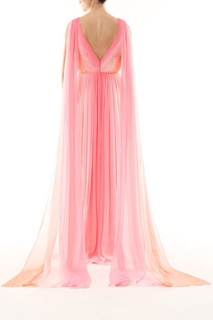 Monique Lhuillier Spring 2026 Plumeria ombre chiffon pleated v-neck gown with streamers - back.